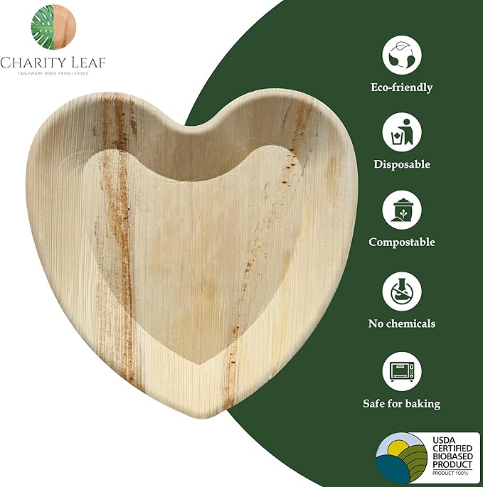 Charity Leaf Disposable Palm Leaf 12" Heart Plates (25 pieces) Bamboo Like Serving Platters, Disposable Boards, Eco-Friendly Dinnerware For Valentines, Weddings, Catering, Events