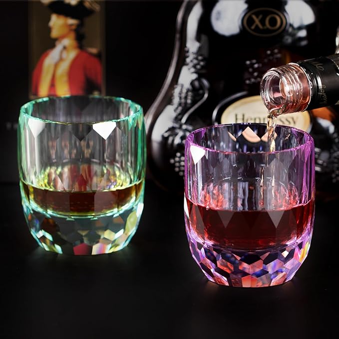 KAMMAK Crystal Whiskey Glasses Set of 2, 7oz Old Fashioned Glasses Stemless, Hand Blown Colored Cocktail Glasses, Engagement Gifts for Couples, Women, Men