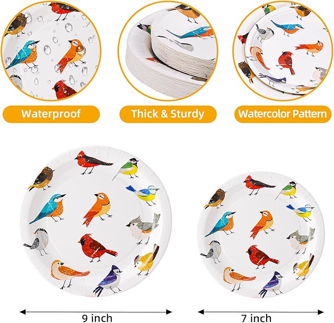 48 Pcs Playful Birds Paper Plates Set Include 9 Inch and 7 Inch Colorful Little Birds Texture Disposable Plates Spring Summer Decorative Party Tableware for Home Table Party Supplies