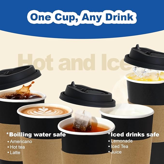 12 oz 100 Pack Coffee Cups with Lids and Sleeves, Straws, Hot Disposable To Go Travel Paper Cups Bulk for Office, Home Coffee Bar Accessories, Chocolate, Cocoa, Beverage (Black)