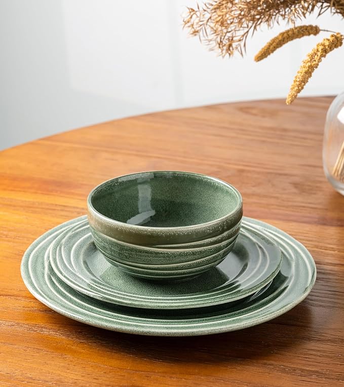 GBHOME Ceramic Dinnerware Sets,12 pcs Embossed Elegant Stoneware Plates and Bowls Sets, Housewarming Wedding Gift | Dishwasher & Microwave Safe | Dishes Set Service for 4,Dark Green
