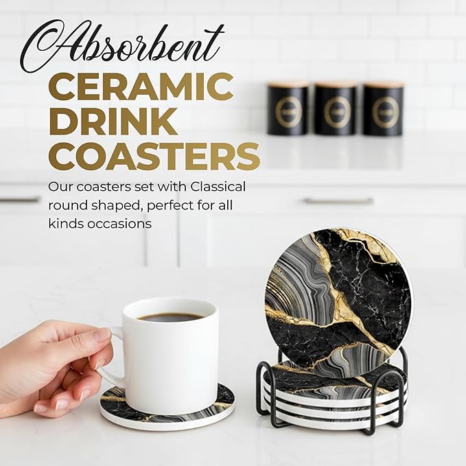 Luxury Black & Gold Marble Ceramic Coasters - Set of 4 with Black Metal Holder - Premium Round Drink Coasters for Coffee, Tea, Whiskey, Wine - Stylish Home & Kitchen Decor