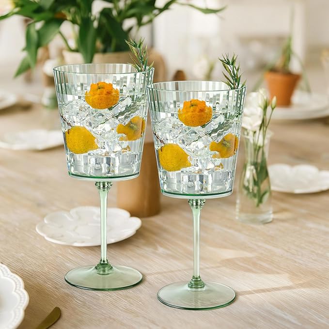 48 PCS Green Plastic Wine Glasses with Removable Stems 13.5 Oz Ribbed Wine Glasses Square White Wine Glass Muted Pastel Colors Goblets Elegant Fluted Glassware for Wedding Anniversary Birthday