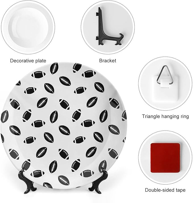 Ceramic Plates, American Football Decorative Ceramic Plates, Monochrome Pattern Black Rugby Balls Sports, 6 Inch, for Dining, Parties, Wedding, Black White