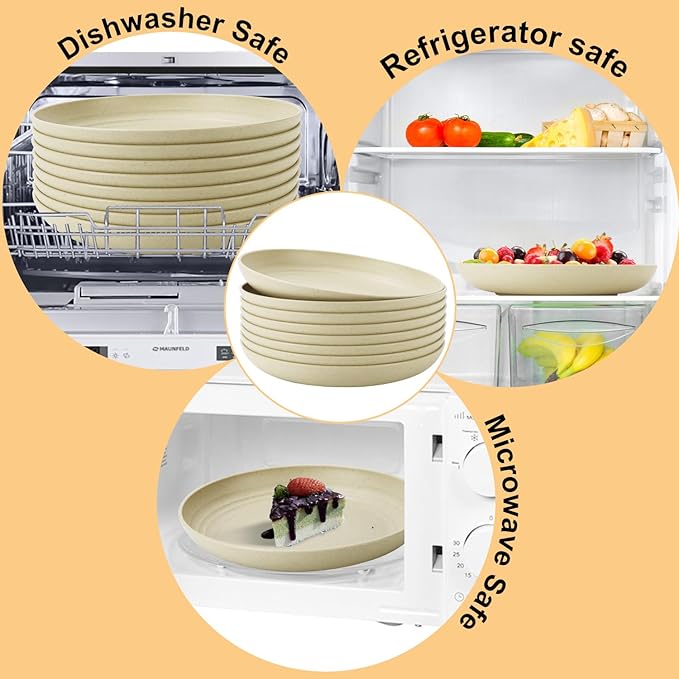 Wheat Straw Dinner Plates Set of 8, 10 Inch Beige, Lightweight & Unbreakable, Microwave & Dishwasher Safe Kids Plates