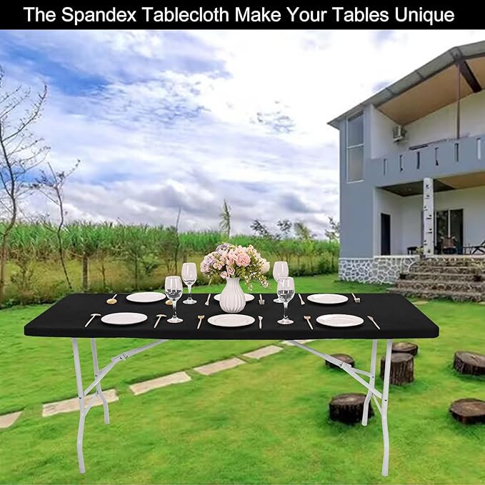 4 Pack Spandex Table Top Cap Cover Stretch Fitted Washable Elastic Rectangle Tablecloth for 6 FT Folding Tables for Indoor Outdoor Party (72 x 30 Inches, Black)