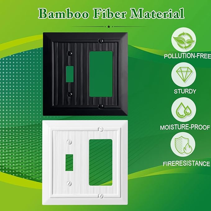 Beadboard Outlet Covers Wall Plates, Bamboo Fiber Light Switch Covers, Natural Material Electric Receptacle Decorative Switch Plate Outlet Cover Matte Black (2 Gang Toggle/Decorator 2 Pack)