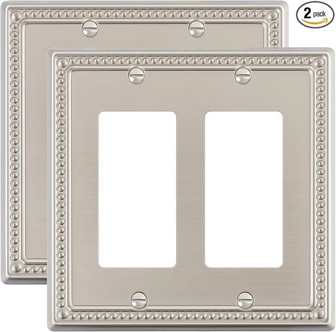 2-Pack Double Decorator Outlet Cover Plate, Pearls Decorative Switch Plates and Outlet Covers, 2 Gang Brushed Nickel Metal Wall Plates, Corrosion Resistant