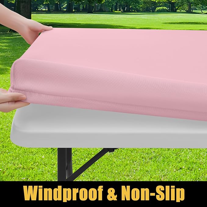 Smiry Rectangle Picnic Table Cloth, Waterproof Elastic Fitted Tablecloths for 8 Foot Tables, Washable Polyester Table Cover for Camping, Valentine's Day and Outdoor (Pink, 30"x96")