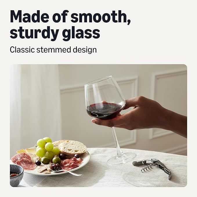 Amazon Basics Stemmed Red Wine Glasses, 4-Piece Set, 20 oz., Dishwasher-Safe
