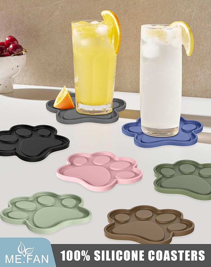 ME.FAN Silicone Coasters 6 Pack Paw Cup Mat with Holder, Dog Cat Paw Shape, for Hot or Cold Drink, Non-Slip, Non-Stick, Room Decor, Housewarming Desert Sage