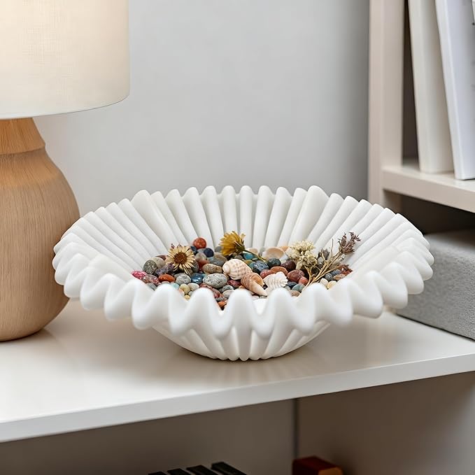 Large Decorative Bowl decor, Scalloped Pedestal Bowls for Modern Home Decor,Ruffle Decor,Stylish Key Bowl for Entry Table,Decorative Fruit Bowl for Kitchen Counter,Artificial Stone Milky White