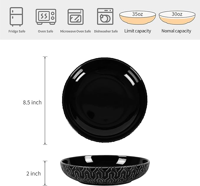 Sureasy Pasta Bowls Set of 4-30oz Large Embossed Salad Bowls, 8.5 Inch Wide and Shallow Plate Bowls, Salad Bowl, Microwave, Oven & Dishwasher Safe, Black