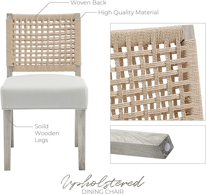 Farmhouse Dining Chairs Set of 4 Linen Fabric Upholstered Accent Side Chair, Mid Century Modern Kitchen & Dining Room Chairs with Woven Rope Back for Home, Living Room, Bedroom - White