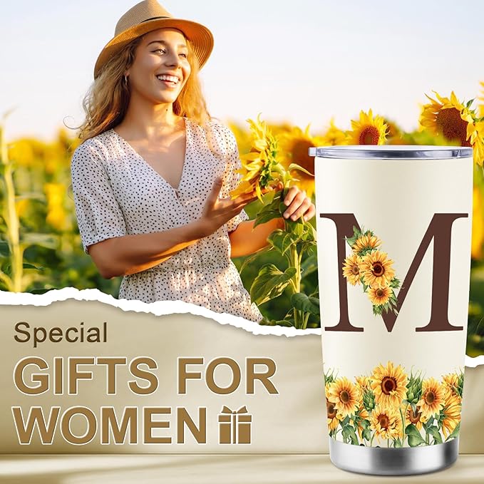 Sunflower Gifts for Women - Personalized Christmas Gifts for Women - Birthday Gift for Woman - Mothers Day Gift for Mom - Monogrammed, Initial 20oz Travel Cup Insulated Tumbler with Lid, M