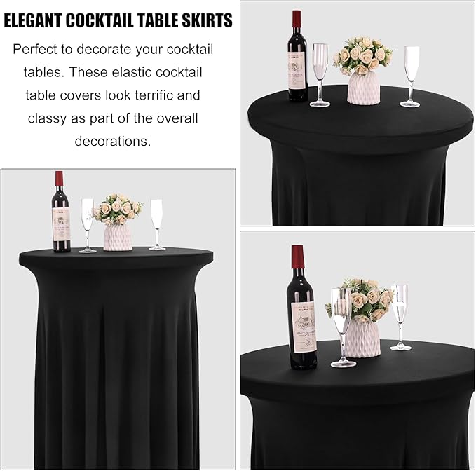 4 Packs 32 x 43 Inch Spandex Round Cocktail Table Skirts with Wavy Drapes Stretch Cocktail Tablecloth Fitted High Top Tables for Wedding Bar Party Banquet (Black)