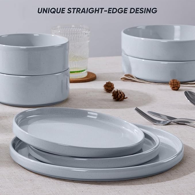 E-far 16-Piece Plates and Bowls Sets - Stoneware Dinnerware Sets with Pasta Bowls for 4 | Microwave & Dishwasher Safe Kitchen Modern Dish Set, Speckled Gray