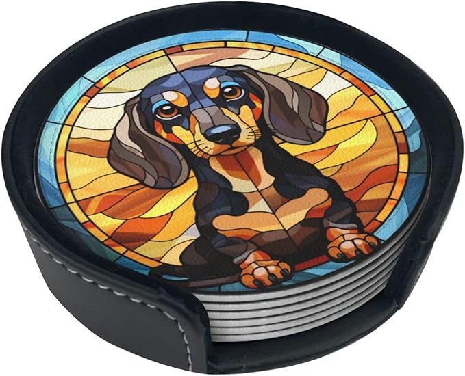 Drink Coaster Set of 6, Dachshund Dog Mom Lover Gift,Leather Drink Coasters with Holder,6 Pack Cup/Bar/Drink Coasters for Table/Drinks/Coffee Protection Housewarming Gift