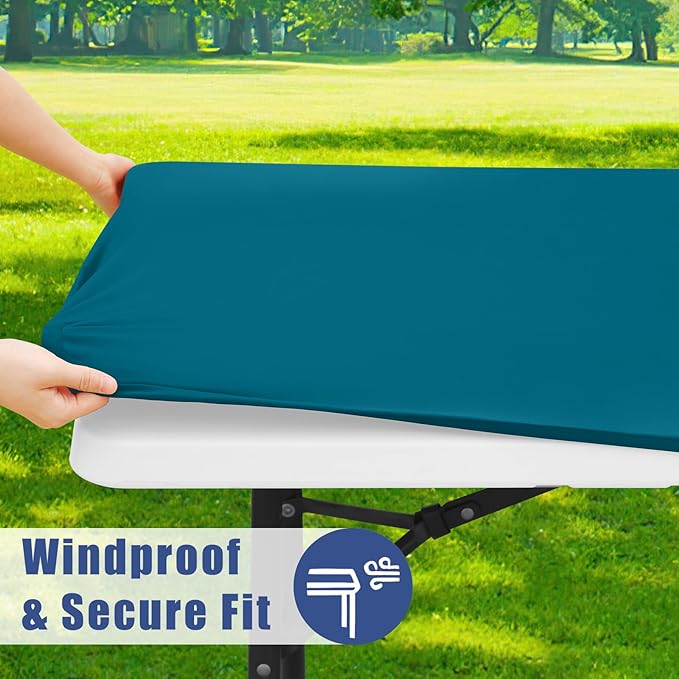 Spandex 8 Foot Rectangle Table Cloth 2 Pack, Elastic Fitted Tablecloths for Picnic, Stretch Washable Patio Table Cover for Outdoor, Camping, Banquet and Parties(Peacock Blue, 30"x96")