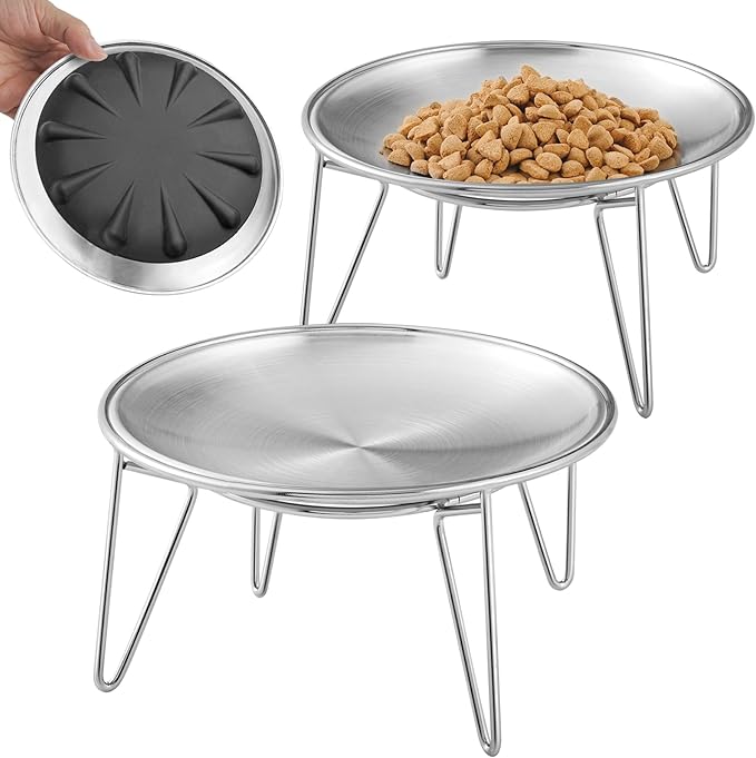 Elevated Cat Bowls, Separable Dishes for Solo Use, 304 Stainless Steel Raised Cats Plates for Wet Food, Extra Wide Shallow Design for Whisker Relief, Non-Slip Silicone Base Kitten Feeder, 2 Set