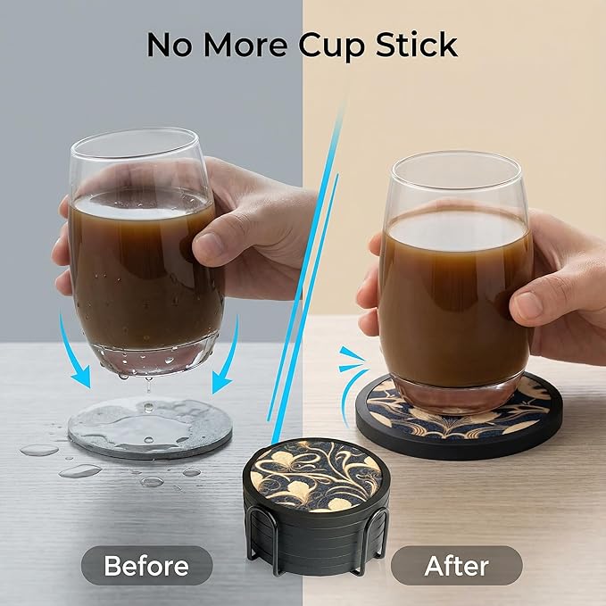 Absorbent Coasters for Drinks with Holder - 6packs, Silicone Coaster with Soft Felt Insert (4.3 inch Coasters with 4.5 inch Holder, Dual-Sided Flower -Themed Patterns)