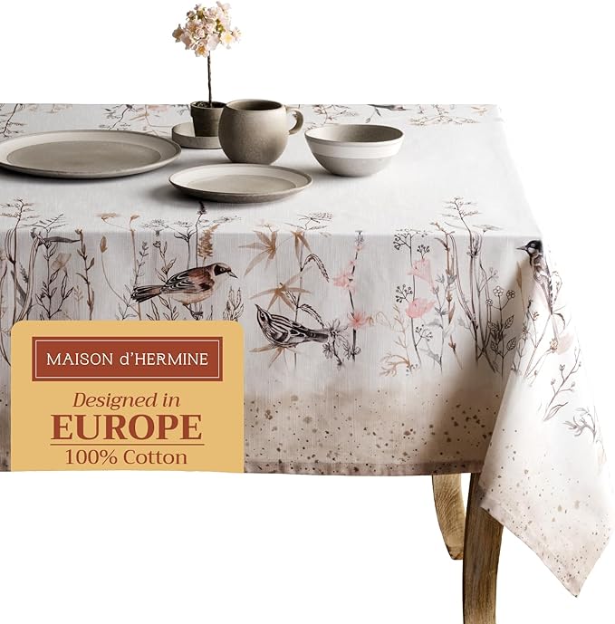 Maison d' Hermine Table Cloth Rectangle Table 100% Cotton 60 x 108 Inches Tablecloth Reusable Decorative for Dining Room Farmhouse Home Valentines Day Decorations Spring Summer- Meadow Florals - Brown