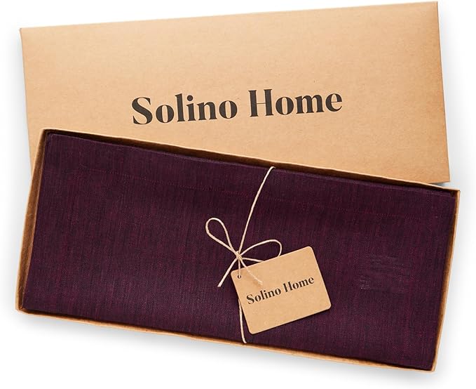 Solino Home Linen Table Runner 72 Inches Long - Athena, 100% Pure Linen Chambray Burgundy Table Runner 14 x 72 Inch for Dining, Valentines