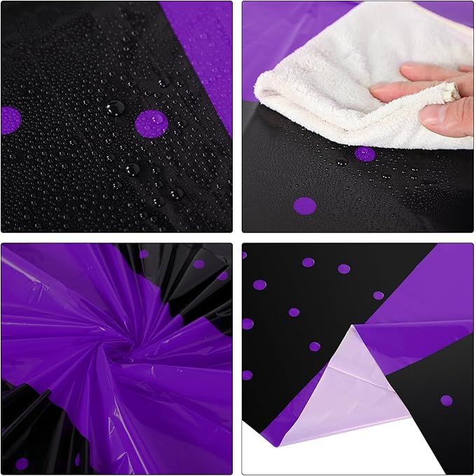 Oudain 6 Pcs Purple and Black Tablecloth for Parties Plastic Dot Tablecloths Printed Table Runner Waterproof Disposable Rectangle Table Cover for Christmas Birthday Wedding Party, 54" x 108"