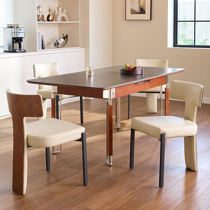 Beige Dining Chairs Set of 4,Faux Leather Dining Chairs with Soft Cushion,Comfortable Upholstered Armless Dining Room Chairs with Curved Plywood Back