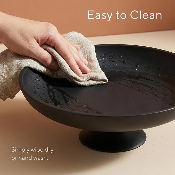 Large Black Decorative Bowl, Modern Pedestal Bowl for Home Decor, Decorative Fruit Bowl for Kitchen Counter, Stylish Key Bowls for Entry Table, 11.45”, Includes 10PCS Artificial Moss Rocks