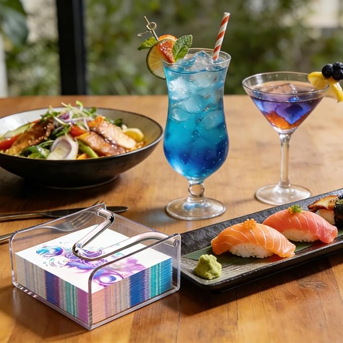 Clear Acrylic Gravity-Fed Napkin Holder with Weighted Arm, 4.9x4.9 Inch - Keeps Cocktail Napkins in Place for Bar, Patio & Kitchen Counter