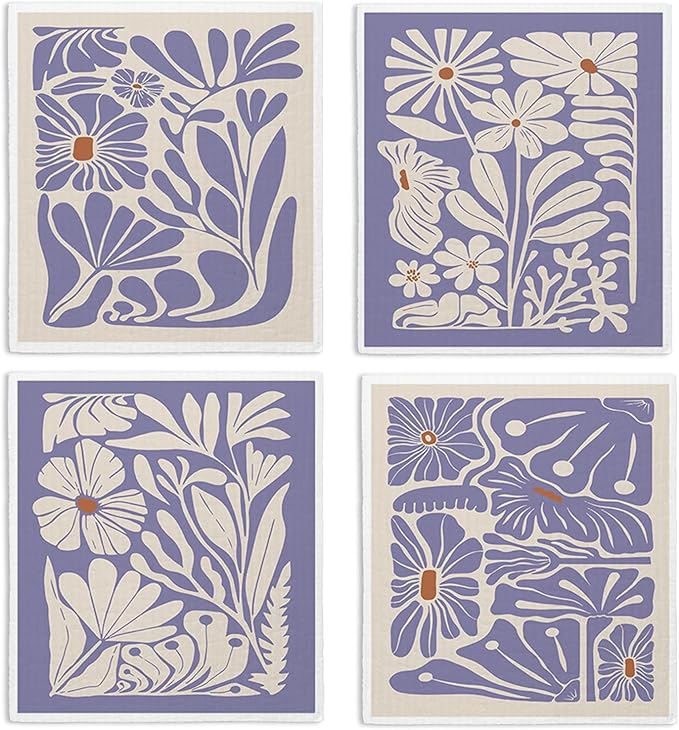 Spring Flower Swedish Dishcloths for Kitchen, Boho Purple Swedish Dish Cleaning Cloths for Floral, 4 Pack Dish Towels for Kitchen, Papaya Reusable Paper Towels Washable