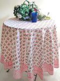 ATOSII Gulbahar White Pink 100% Cotton Spring Summer Round Tablecloth, Block Print Table Cloth for Dining, Weddings, Outdoors, Parties, Grand Millenial Home Decor 60" Inches I