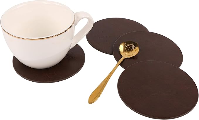 Set of 8 Faux Leather Round Placemats and Coasters, Coffee Mats Kitchen Table Mats, Waterproof, Easy to Clean for Kitchen Dining Round Table