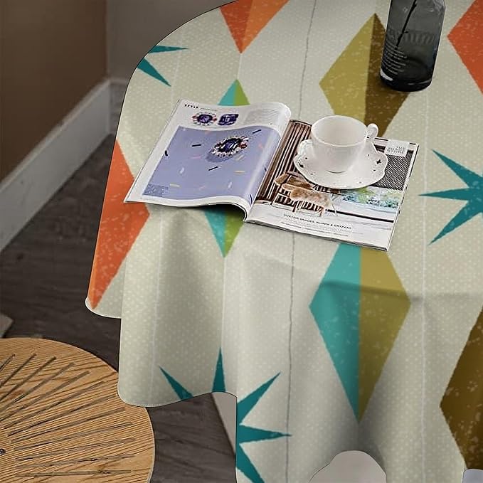 Mid Century Round Tablecloth, Modern Colorful Abstract Geometric Retro Art Printed Tablecloth for Home Party Dining Room Kitchen Decor 60Inch(152cm)