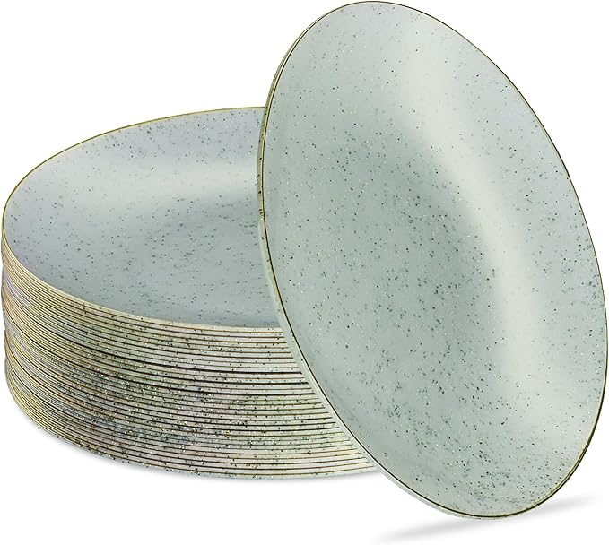 PLASTICPRO 30 Pack Disposable Plastic Plates Heavyweight Granite Look Elegant 9 inch Dinner Plates Green with Gold Rim