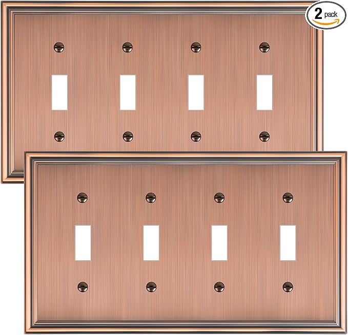 2-Pack Quad Toggle Light Switch Cover Plate, Durable Zinc Alloy Decorative Switch Plate Covers, Antique Copper 4 Gang Wall Plate for Toggle Light Switch and Rotary Dimmer Switch