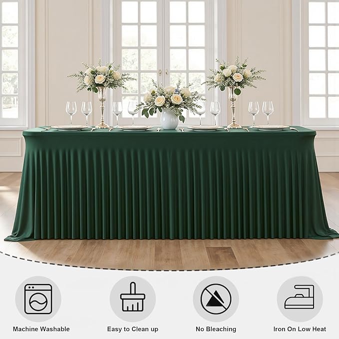 6 Pack Dark Green Rectangle Tablecloth with Elastic Table Skirt – 6FT Fitted Spandex Table Cover, 72 Inch Wrinkle-Resistant & Stretchable for Christmas Party Banquet Buffet Restaurant