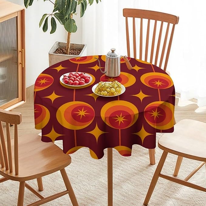 Modern Mid Century Round Tablecloth, Abstract Vintage Geometric Print Tablecloth for Home Party Dining Room Kitchen Decor 50Inch(127cm)