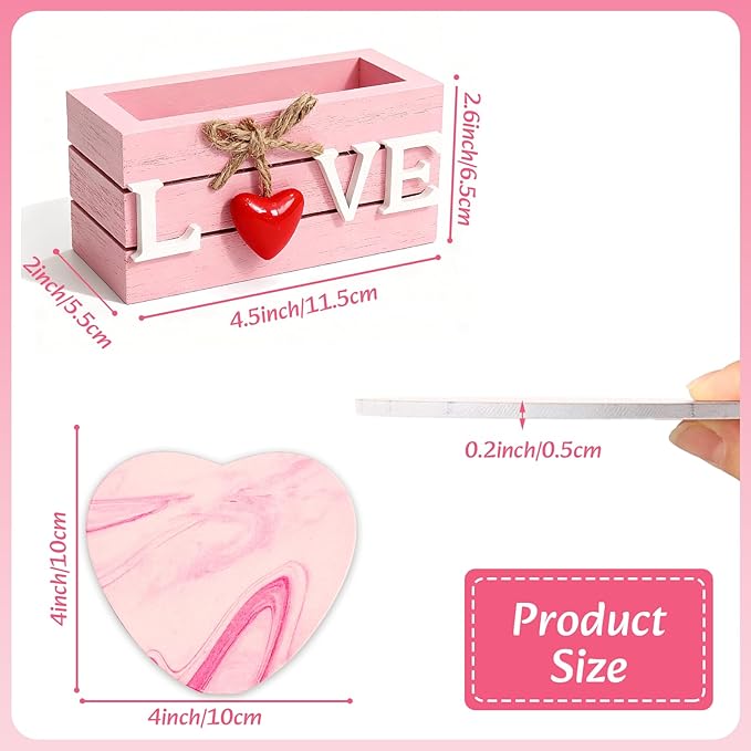 Valentines Coasters for Valentines Day Gifts, Pink Hearts Coasters Set of 6, Girlys Cute Coaster for Drink, Love Wood Coaster with Holder for Coffee, Valentines Day Table Decorations