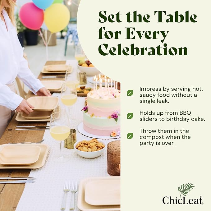 Chic Leaf Palm Leaf Disposable Bamboo Plates - Party Plates for Weddings & Event Appetizers, Indoor Events aRomantic Date Night Essentials - Biodegradable & Compostable - Party Supplies (9", 20 Pack)