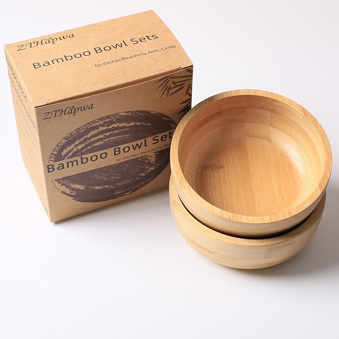 Soup Bowls Set of 2 for Dessert/Cereal/Pasta/Fruit | Natural Bamboo Serving Bowls for Nuts/Candy/Snacks/Pistachio | Charcuterie Accessories for Dipping/Condiments/Sauce | 15.21 oz Capacity