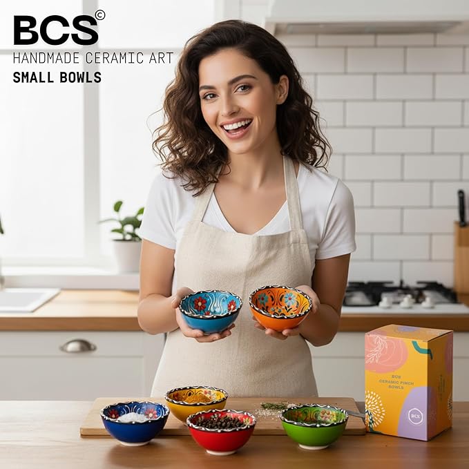 BCS Ceramic Pinch Bowls Set of 6, Small Bowls for Dipping - Cooking Prep & Charcuterie Board, Soy Sauce Dish, Multicolor Handmade Decorative Serving Dishes (3.2'' - 3 oz)