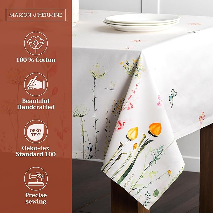 Maison d' Hermine Table Cloth Rectangle Table 100% Cotton 54 x 72 Inches Tablecloth Reusable Decorative for Dining Room Farmhouse Home Valentines Day Decorations Spring Summer - Botanical Fresh