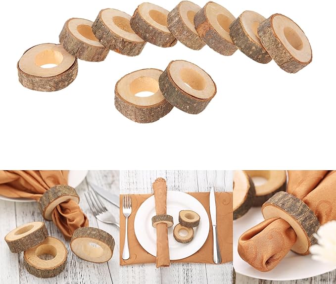 Rustic Wooden Napkin Rings,Handmade Creative Napkin Round Holder for Dinner Table & Wedding Party Decoration Napkin Rings (10)
