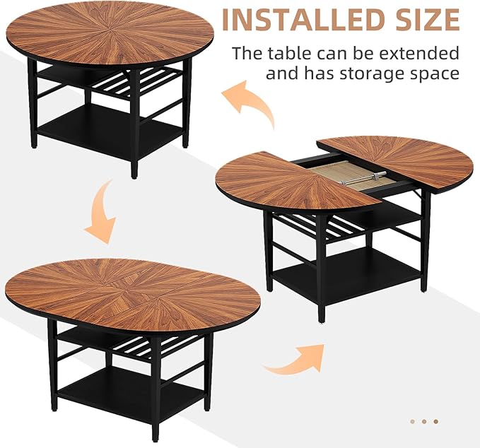 VFK 47.2"-63" Extendable Round Dining Table Set for 4–6, Solid Wood & Metal Table with Wine Rack Storage Shelf, Walnut Kitchen Furniture with 6 Upholstered Chairs (Storage Table and 6 Black Chairs)