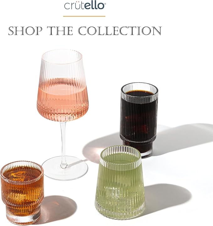 Crutello Modern Wine Glasses 12 oz Stemless, Set of 4, Unique Fluted Glassware with Vintage Ripple Texture, Art Deco Red or White Wine Fancy Glasses
