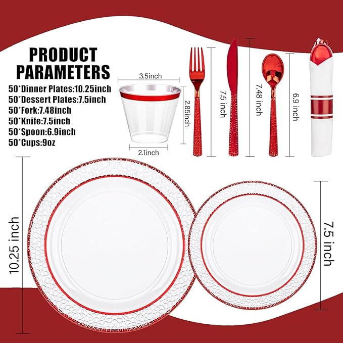 Ciaell 350 PCS Clear and Red Plastic Plates – Red Dinnerware Set for 50 Guests Include 100 Plastic Plates, 50 Pre Rolled Napkins with Cutlery Set, 50 Cups for Wedding & Party & Anniversary