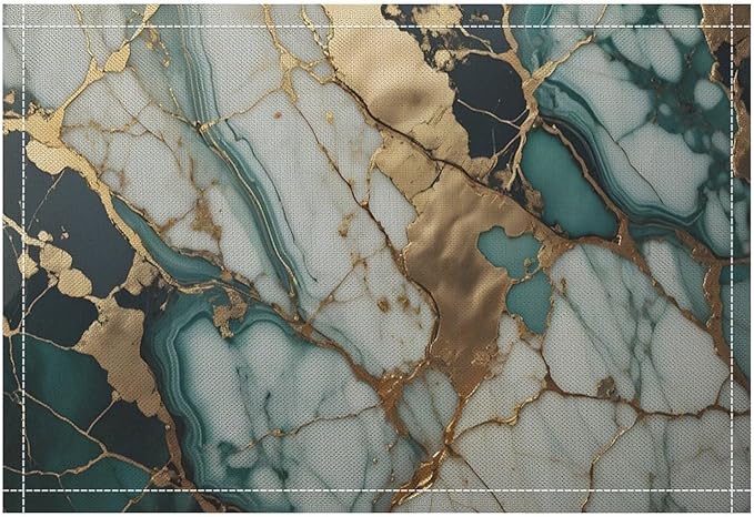 Marble Linen Placemats Set of 4, Modern Abstract Foil Texture White Green Gold Marble 12x17 Inch Washable Table Mats Non Slip Placemats for Wedding Party Kitchen Banquets Dining Decoration