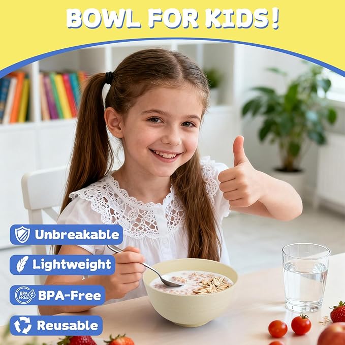 Wheat Straw Bowls Set of 6, 26 OZ Unbreakable Cereal Bowls, Reusable Plastic Bowls for Camping, Dorm, RV, Picnic, Lightweight Salad Soup Bowls, Microwave & Dishwasher Safe, Beige